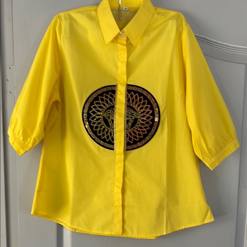 Medusa Yellow Button-Up Shirt with Black Embroidered Design